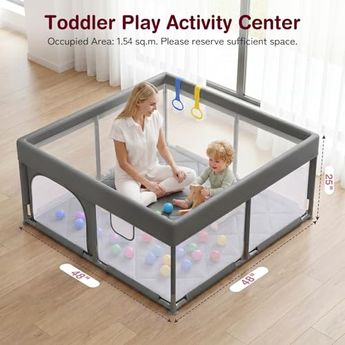 Image of Kidirect Baby Playpen with Play Mat 47x47 - Small Playpen for Babies & Toddlers, Activity Center, Indoor Outdoor, Grey
