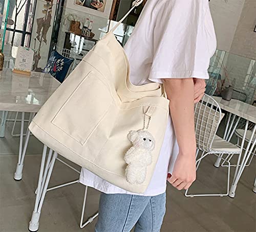 Kehpish Economical Cotton Tote Bag, Reusable Womens Canvas Tote Bag With 3 External Pocket, Top Zipper Closure White #TOP3