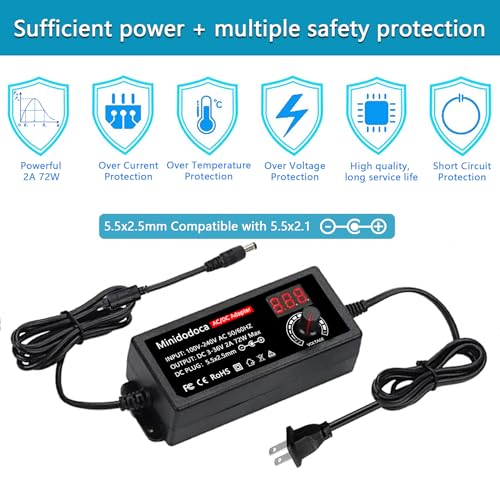 Image of 72W Power Supply Adjustable DC 3V ~ 36V Variable Universal Switching AC /DC Adapter Minidodoca AC to DC Converter with LED Voltage Display and 13 Tips, for 3V to 36V Household Electronics - 2000mA Max