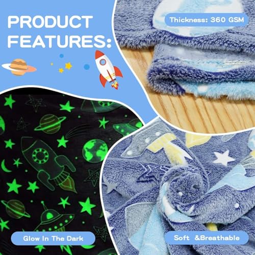 Image of DOCAT Glow Blanket for Kids 0-15 Years, 200x152 cm Double Bed Blanket for Girls Boys, Soft Cozy Flannel Fleece Throw Blankets for Winter, Radium Blanket Ideal Gift for Boys & Girls (Cosmic Rockets)