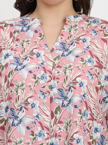 Image of SINDOORI Relaxed Fit Tops for Women Plus Size Solid Printed Mandarin Collar, Band Collar, V-Neck Top, Half Sleeve Loose Fit
