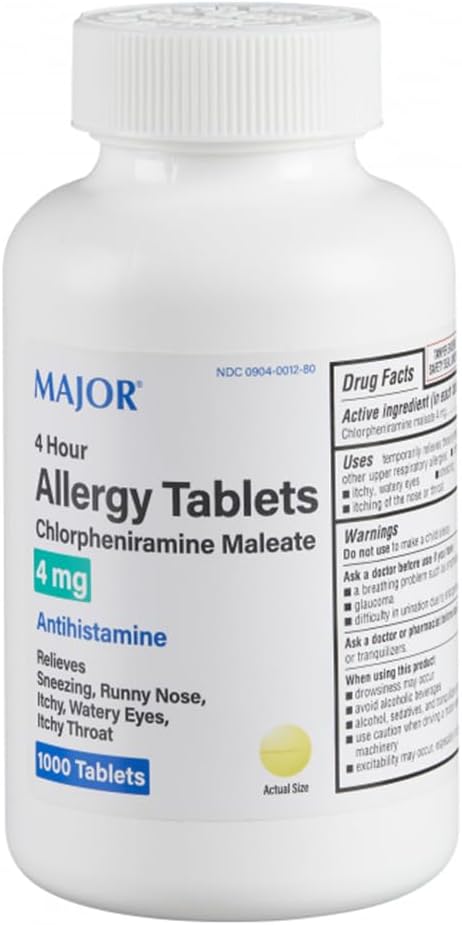 MAJOR 4 Hour Allergy Tablets - Chlorpheniramine Maleate - 4 mg - Antihistamine - 1000 Count (1 Pack)