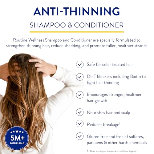 Routine Wellness Anti-Thinning Shampoo and Conditioner Set for Thinning Hair - Biotin DHT Blocker Women & Men - Color Safe Shampoo for Hair Loss Healthier Growth - Honeysuckle & Rice Milk (Pack of 2)