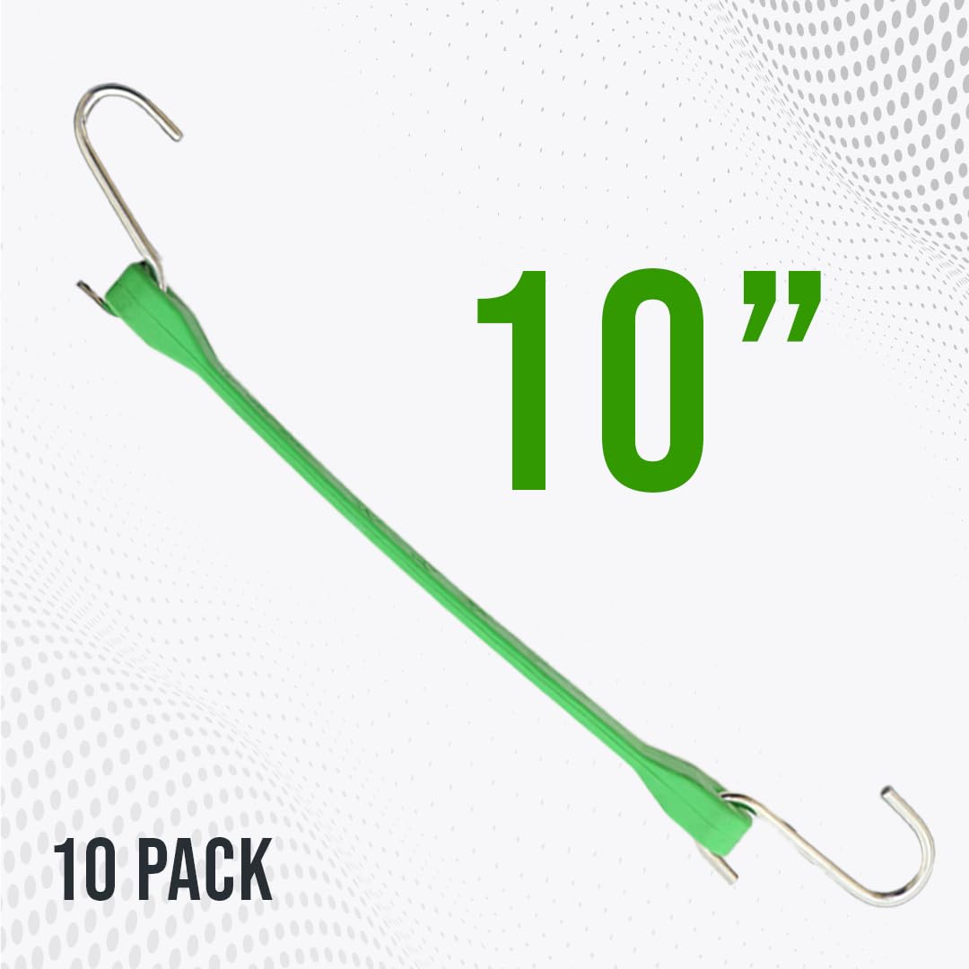 Boxer Lot de 10 tendeurs en caoutchouc vert de 25,4 cm – Sangles élastiques 100 % EPDM très résistantes avec crochets en S – 25,4 cm – Vert EPDM – Plus larges et plus solides