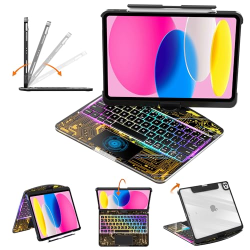 Image of Clear Keyboard Case for iPad 10th Gen (2022 /2025 10.9 inch) & 11 inch (A16) 3-Brightness, 7-Color Backlight, Trackpad Wireless Bluetooth Keyboard with 360 Rotating Stand, Pencil Holder Black