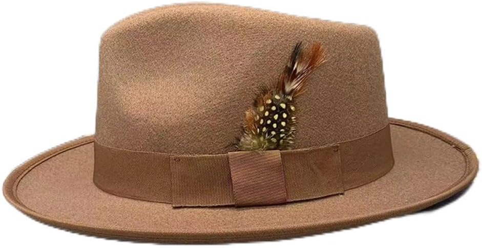 Classic Black Fedora Hat with Feather Accent, Wide Brim, Wool Felt (Brown,One Size)