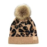 C.C Kids' Suede Patch Snuggly Soft Warm Knit Pom Cuff Beanie, Leopard Print, Latte