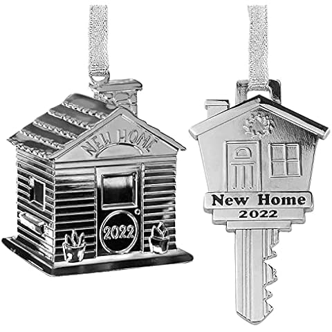 Holiday Jingle New Home Ornament 2022 –Christmas Ornament Set for New Homeowners with 2D New House and Key-Shaped Hanging Ornament with Silver Ribbon Cover