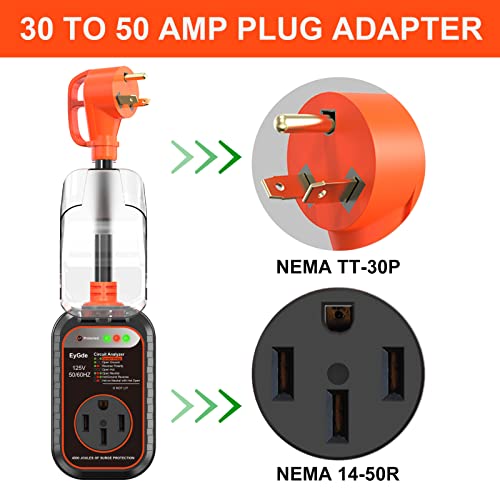 Image of EyGde 30 Amp to 50 Amp RV Adapter with Surge Protector - Upgraded NEMA TT-30P Male to 14-50R Female Plug, 30A to 50A RV Circuit Analyzer Power Protection with Waterproof Cover for 50Amp Camper Trailer