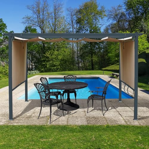 Aoodor 10 x 12 FT Outdoor Pergola with Retractable Canopy, Aluminum Frame, 2 Sides Patio Sun Shade Shelter for Backyard, Deck - Dark Brown