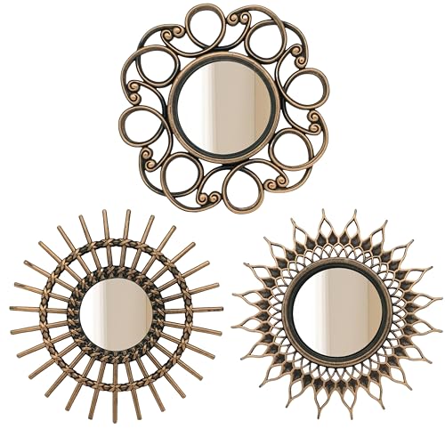 Retro Gold Mirrors for Wall Pack of 3. Round Mirrors. Decorative Mirrors.Wall Mirrors for Decor Home Decor.Plastic Frames.Glass Mirrors.Make Old Gold Color.