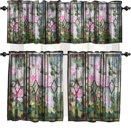 KANEPE Stained Glass Kitchen Valances Curtain Pink Roses Bush Pattern Window Treatment Valances Short Curtains Rod Pocket Drape for Dining Room Home Bedroom Decor, 54x18 in + 27x24 in X 2
