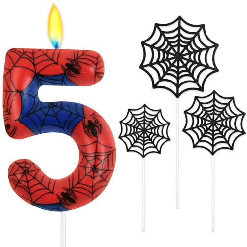 Alaoo Velas de Aranha de Aniversário com Números 5, Vela Vermelha e Azul Vela de Aranha Numérica de Aniversário, Vela de Aniversário com Tema de Aranha, para Meninos e Meninas Bolo de Aniversário