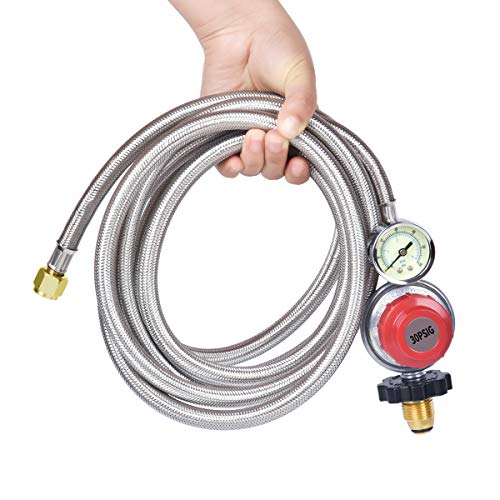 Generep 0-30 PSI Adjustable Propane Tank Regulator,12 Foot High Pressurepropane Hose with Gauge/Indicator,More Durable Stainless Steel Braided Gas Hose and LP Gas Regulator(12 FT) - Thumbnail 6