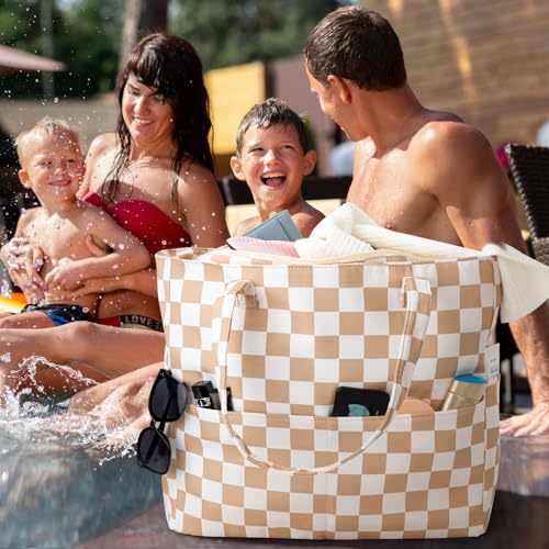 Image of Iioscre Beach Bag for Women, Causal Hobo Handbags with Zipper Inner Pocket, Foldable Swim Tote Bag for Vacation Essentials