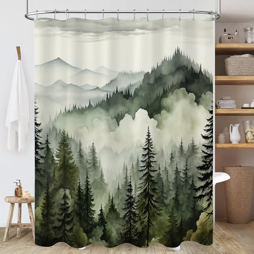 Youlifurm Dark Green Forest Shower Curtain, Misty Mountain Shower Curtain for Bathroom, Foggy Rustic Nature Woodland Pine Tree Landscape Shower Curtain Set with Hooks, 72x72 Inch by Youlifurm - Used condition - CA$18.39