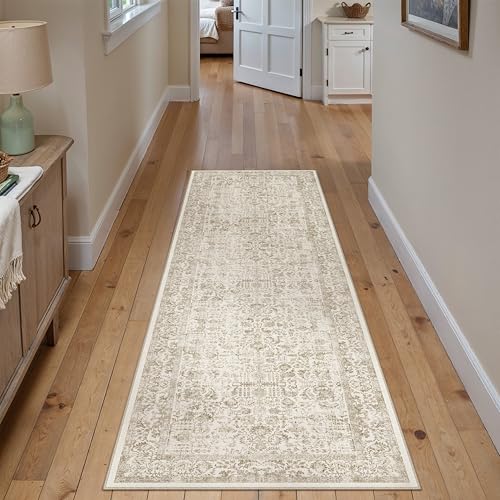 Light Brown Runner Rug 2x5 Hallway Machine Washable Kitchen Vintage Distressed Non Slip Long Carpet Indoor Retro Floral Bedroom Accent Throw Rug for Bathroom Office Laundry Dining Room