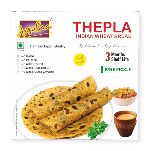 Ansubaa Methi Masala Thepla | Vacuum Packed | 10 Pieces in 1 Box | Ready to Eat Gujarati Snack | 3 Month Shelf Life | Free Pickle Inside | Indian Wheat Bread | Pure Vegetarian Food Ansubaa Methi Masala Thepla | Vacuum Packed | 10 Pieces in 1 Box | Ready to Eat Gujarati Snack | 3 Month Shelf Life | Free Pickle Inside | Indian Wheat Bread | Pure Vegetarian Food