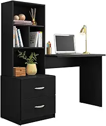 Mesa de Escritório Cristal com Estante e Gaveteiro, Estilo Moderno, para Home Office, Preto