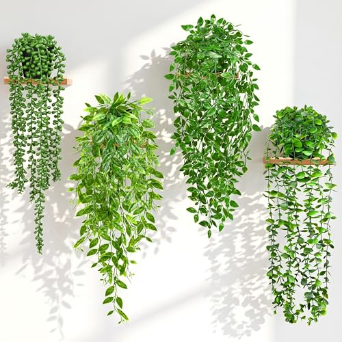Palonu 4 Pack Faux Artificial Hanging Plants, Fake Potted Greenery