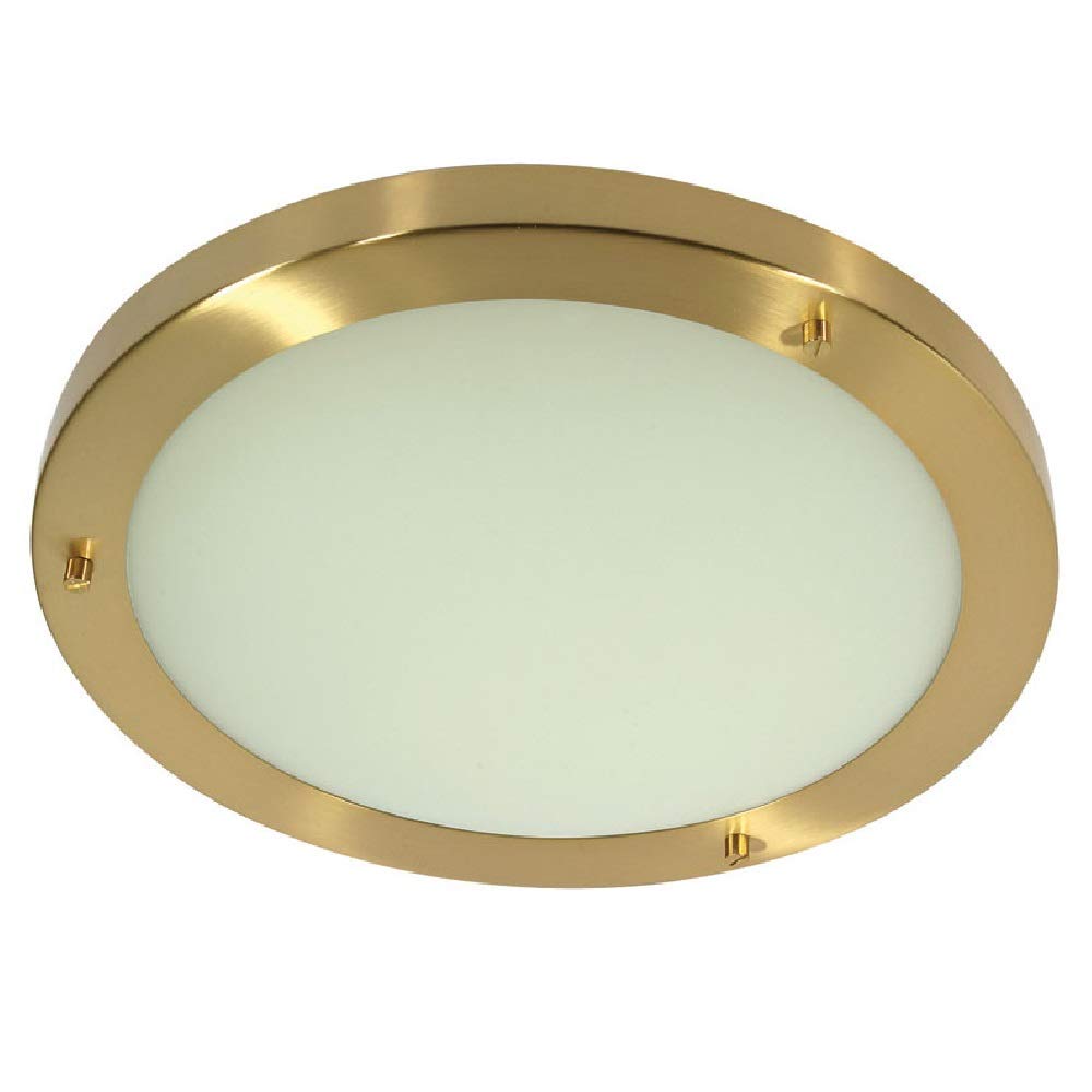 Britalia Satin Brass & White Frosted Glass Bathroom Round Flush Ceiling Light 305Mm | 2 X Ses E14 Candle Lamp Bulbs Required (Not Included) | Ip44 Rated | Suitable For Outdoor Use