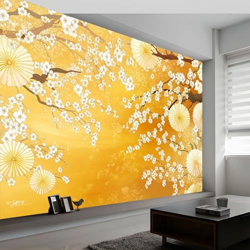 Papier peint mural pour chambre chaleureuse style chinois jaune fleurs - 4