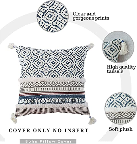 Image of MODERN HOMES - feel the difference Cotton Homes Boho Tufted Decorative Throw Pillow Covers , Moroccan Style Cushion Covers With Tassels (Blue, 16X16 In), 250 TC