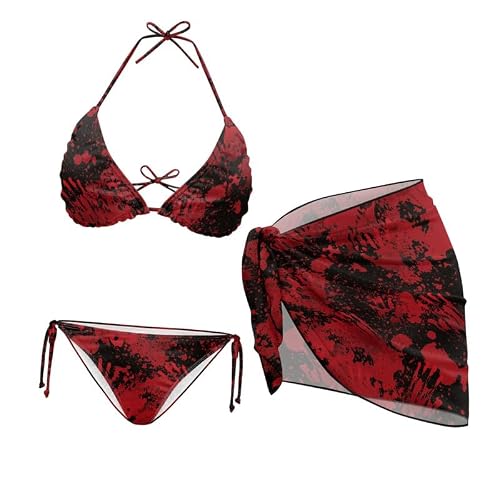Irisjudy Womens Red Bloody Handprint Bathing Suit with Coverups Skirt 3 Piece Gothic Blood Splatter Swimsuit Bikini Set with Chiffon Sarong Wrap