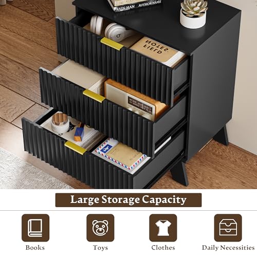 Image of HUANLEGO Fluted Nightstand with 3 Drawer for Bedroom, Black | Mid Century Modern Beside Table with Metal Handle, Wooden End Table with 3 Drawers for Living Room, Closet, Entryway