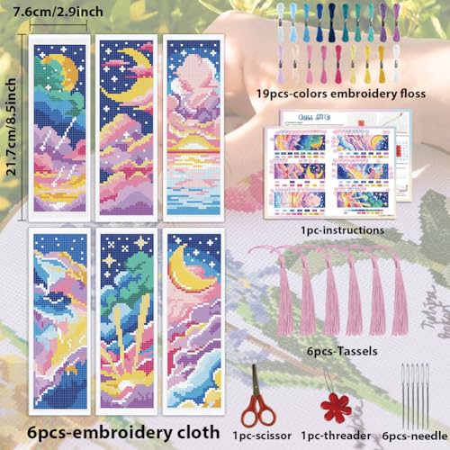 Image of ACRNIGHEET 6PCS Cross Stitch Bookmark Kit for Beginner Colorful Clouds Stamped Cross Stitch Kits Needlepoint Kit for Adults DIY Tassel Embroidery Bookmark Kits & Instructions Craft Gift 8.5 inchx3 inch 11CT