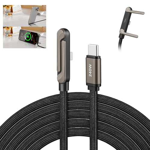 OFFCUP 240W USB C Kabel 1.5M Schnellladekabel 2-in-1 Seitliches Ladekabel mit Ständer Unsichtbarer Ladegerätehalter USB C Ladekabel für iPhone 17/16/15 Macbook Pro Samsung Galaxy S21 Google Pixel