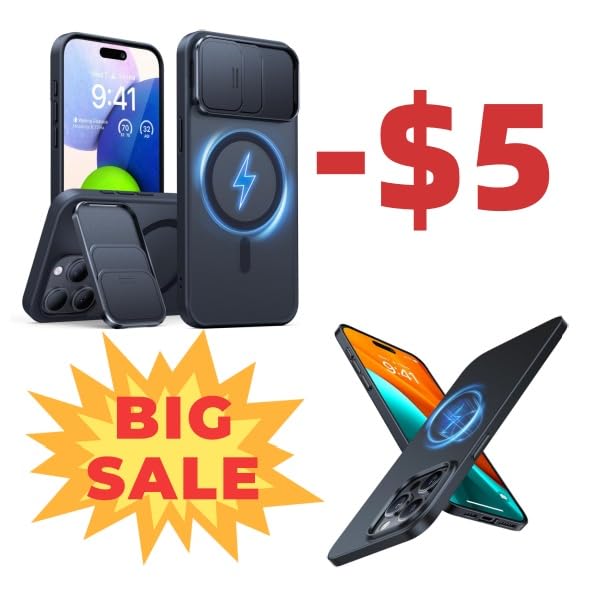 TORRAS Durable Slide Camera Cover, Kickstand & Magnetic Slim Matte Hard PC Black Titanium Case for iPhone 15 Pro