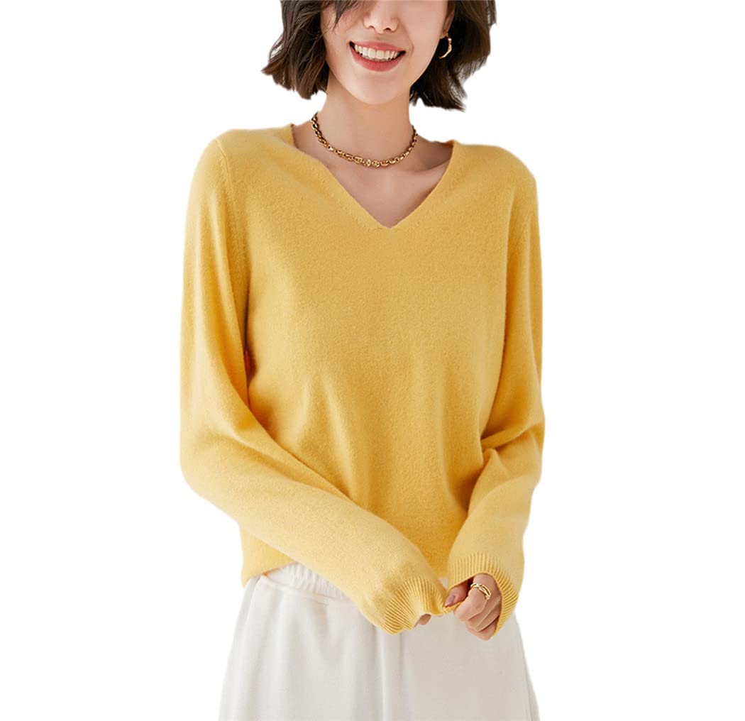 Maglione lavorato a maglia All-Match con scollo a V in lana da donna autunno inverno, Giallo, M
