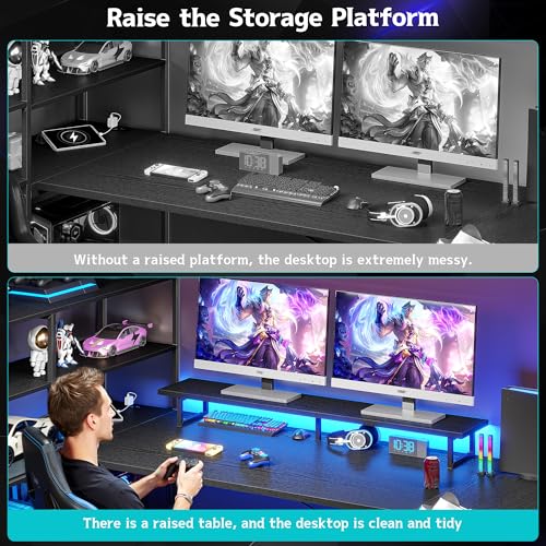 Image of DurayLoly 63 inch L Shaped Gaming Desk with Power Outlet & LED Lights,Black | Reversible Corner Desk with 6-Tier Shelves,2 Fabric Drawers,Monitor Stand & CPU Stand,Computer Desk for Home Office,Bedroom