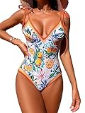WDIRARA Women's Fruit Print Tie Shoulder Tummy Control One Piece Swimsuit Summer Monokini Swimwear Multicolor L