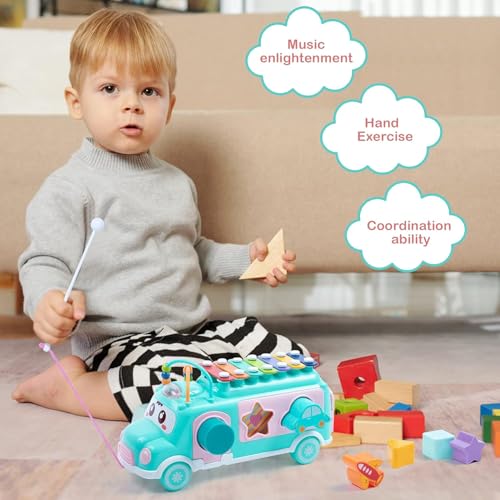 Image of PLUSPOINT Activity Bus Baby School Bus Xylophone Toy for Toddlers Musical Bus Toys for 1 Year Old Shape Puzzles Knocking Xylophone Educational Musical Toys, Birthday Gifts for Boys and Girls