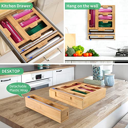 Asogo Bamboo Ziplock Bag Storage Organizer, Foil And Plastic Wrap Dispenser With Cutter, Plastic Bag Organizer, Ziplock Bag Organizer For Gallon, Quart, Sandwich & Snack Etc.（New） #TOP6
