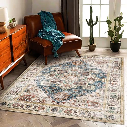 CHAMPLANT Washable Area Rug 5'x7' for Living Room Retro Beige Blue Boho Chic Medallion Distressed Design Indoor Non-Slip Large Persian Oriental Accent Throw Rug for Kitchen Bedroom Office Carpet