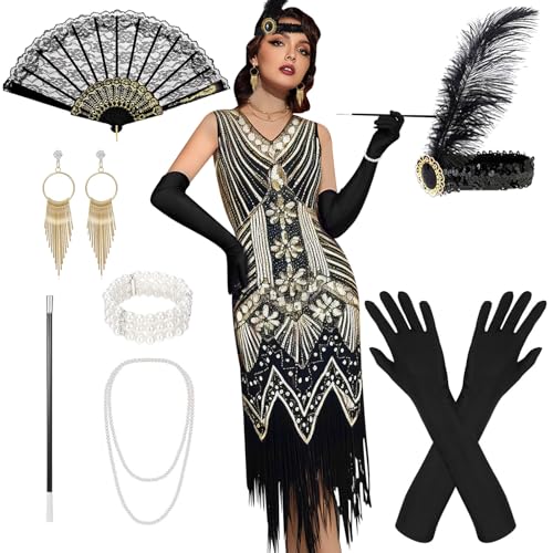 20er Jahre Kostüm Damen, 20er Jahre Kleider mit 20er Jahre Accessoires, V-Ausschnitt Pailletten Perlen Fransen Kleid, Karneval Kostüm mit Fächer,...