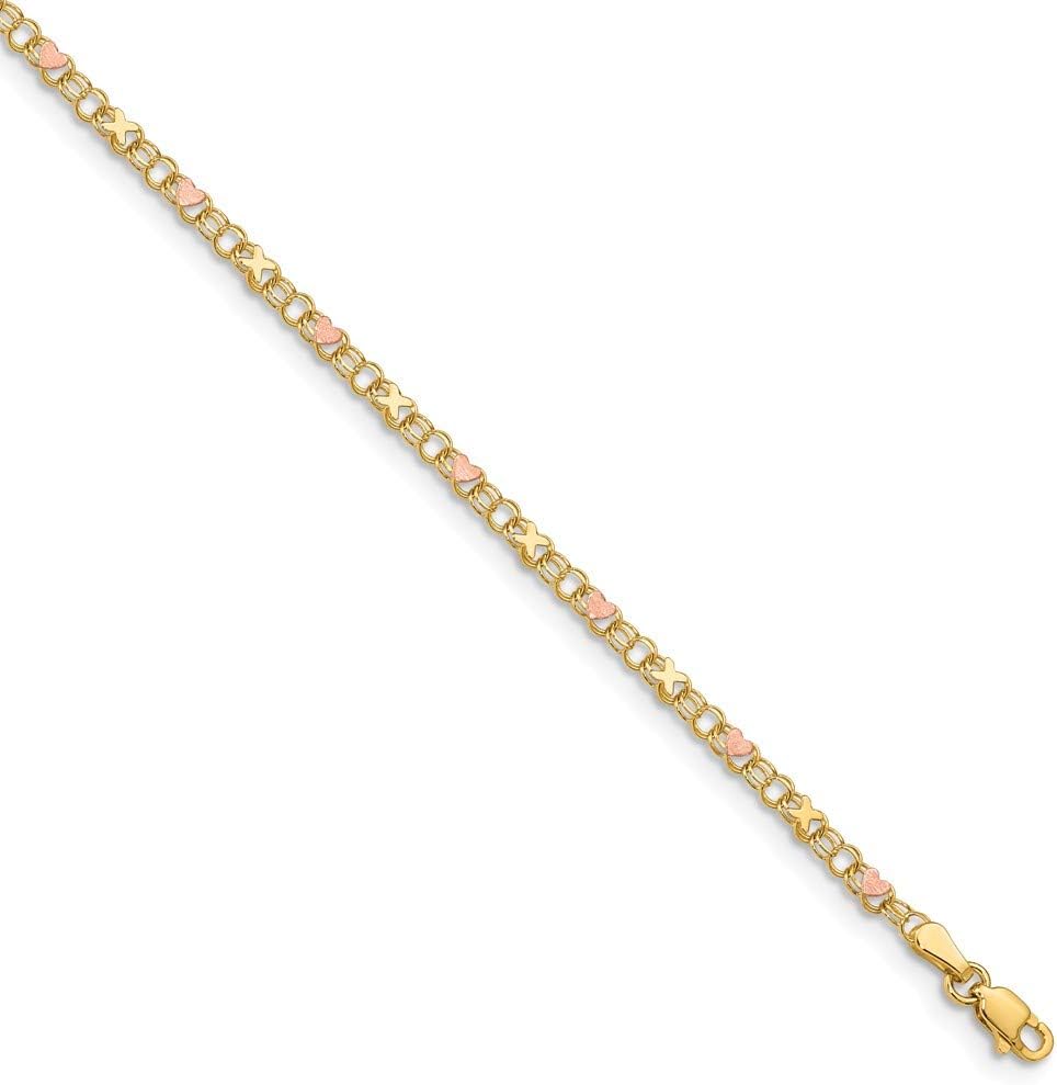 Solid 14k White and Yellow Gold Two Toned and Rose X's and Hearts Anklet - with Secure Lobster Lock Clasp 10"