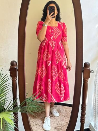 Image of Women's Rayon Floral Printed Midi Dress | Casual Fit & Flare One Piece Dress for Women | Stylish Short Sleeve Western Dress