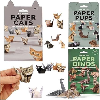 Kit de origami de papel para gatos, 50 hojas 3D para gato/perro/dinosaurio origami de papel, decoración de escritorio de animales, kit de papeleo hecho a mano (3 unidades)