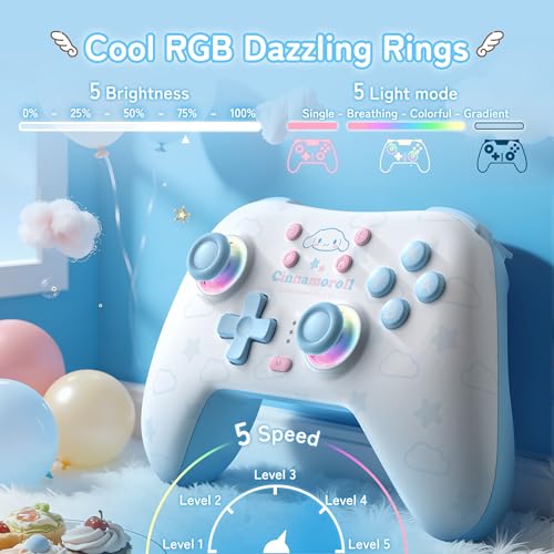 Image of Kuitmor Cinnamoroll Switch Pro Controller, Cute Hall Effect Wireless Gamepad No Drift for Switch 2 /Switch /OLED /Lite, PC /Steam, Android, iOS, Bluetooth + Wired, Turbo, Back Buttons, 6-Aixs Gyro, Wake-up, RGB (Blue, Without 2.4g Receiver)
