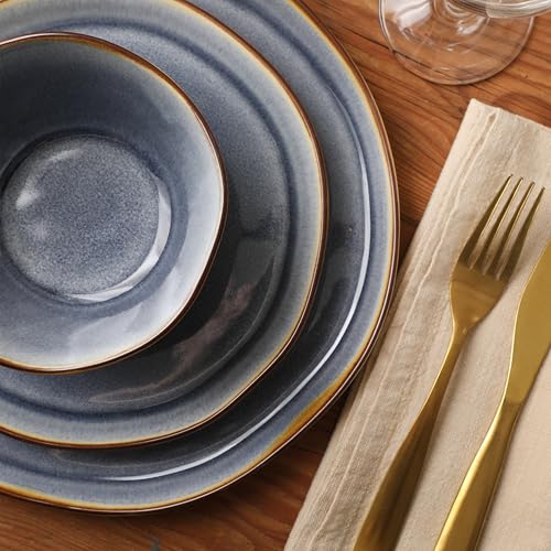 Image of Gibson Elite Algeria River Plates and Bowls Sets, 12-Piece Stoneware Dinnerware Sets, Reactive Glaze Dish Set - Blue
