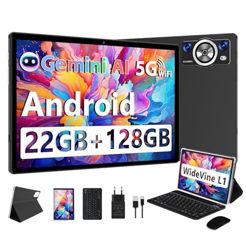 DEERTiME 2026 Tablet 10 Pulgadas Android Gemini AI, 22GB RAM+128GB ROM/TF 2TB, 8-Core 2.0 GHz, 8000mAh Batería, 5G WiFi, BT 5.0, Widevine L1, GMS, Widgets, Tablet con Funda, Teclado y Ratón - Negro