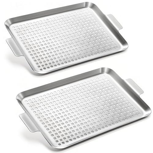 Nicunom 2 Pack BBQ Grill Topper Grilling Pans, Non-Stick Stainless Steel Grilling Tray with Holes, Barbecue Basket Outdoor Grill Accessories for Meat, Vegetables, Seafood, 10" x16.5"