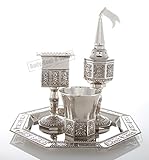* 1 elegante juego de Havdalah chapado en níquel: copa de vino, portavelas, dispensador de especias aromáticas y una bonita bandeja para servir.