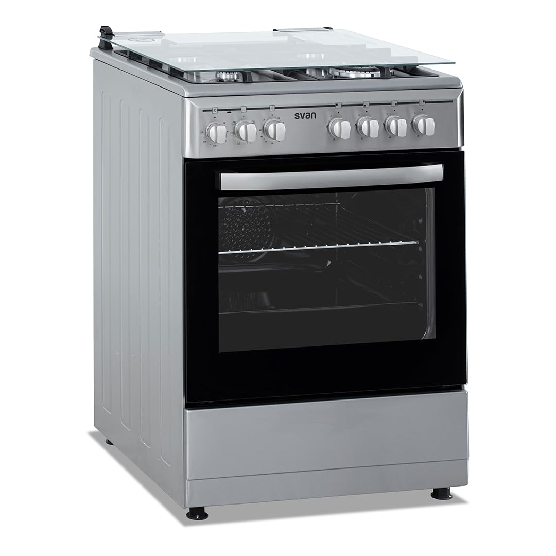 Svan Cocina Mixta Gas Butano, 4 Zonas de Cocción, Horno 56 L, Inox, SKMW4601X. Control Manual, Quemador WOK Triple Llama, 6 Programas de Cocción, Compartimento Bombona, Cristal en Puerta Doble Capa, T