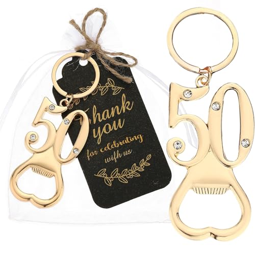 Uezea 25 Pack 50th Birthday Party Favors Bottle Opener Keychain Bulk Gold 50 Souvenirs Gift Set with Organza Bags Tags for Guests Anniversary Celebration (50th opener)