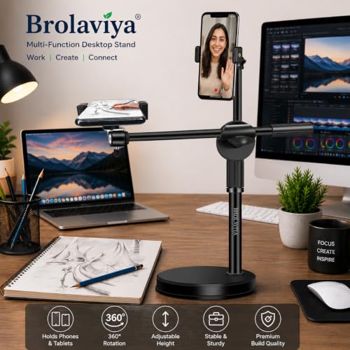 Image of BROLAVIYA Dual Mobile Overhead Stand for Video Recording, Desk Camera Mount with Dual 360 Rotating Phone Holders, Adjustable Height for YouTube, Reels, TikTok, Online Teaching, & Content Creation